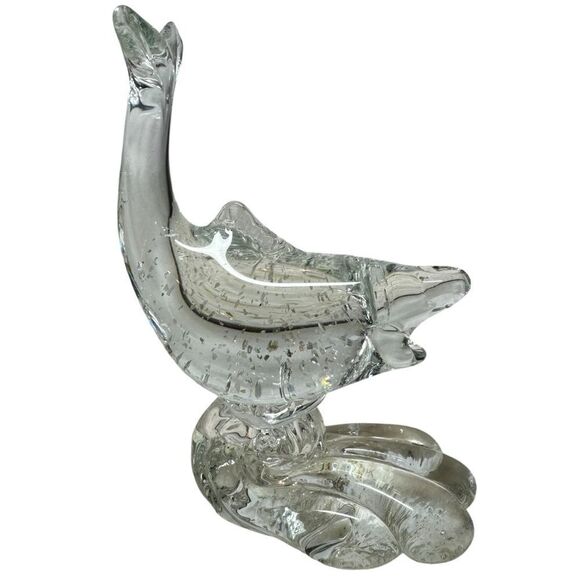 MURANO ART GLASS CLEAR SILVER FLECK 6 1/4 FISH ON WAVE SCULPTURE HAND MADE ITALY - Picture 8 of 8